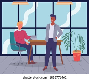 Blond guy is sitting at table with laptop or tablet on a stand, brunette guy is standing in the foreground. Panoramic window, ceiling lighting, potted plant. Cafe or office interior. Flat image