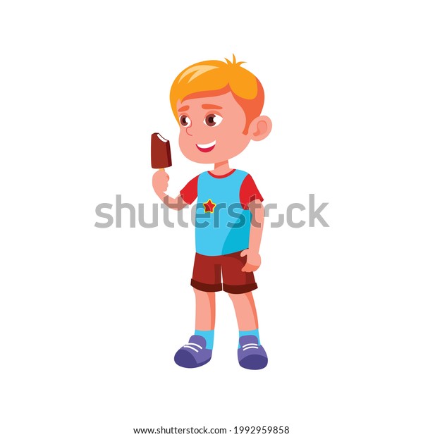 blond hair boy eating delicious\
ice cream in park cartoon vector. blond hair boy eating delicious\
ice cream in park character. isolated flat cartoon\
illustration