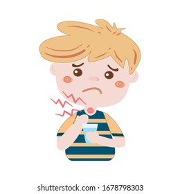 Blond hair boy has sore throats and he hold hot water in his hand for drink to cure the pain. Sick person cartoon character, vector illustration isolated on white background.
