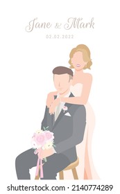 Blond hair bride in white dress happily stands behind her Groom in black suit sitting for their wedding ceremony invitation card flat vector couple characters on white background.