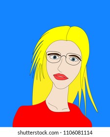 blond hair eyeglasses girl with red lips in pop art style