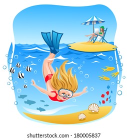 Blond Hair Girl dives into the sea