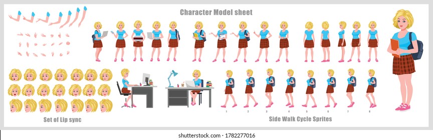 Blond Hair Girl Student Character Design Model Sheet with walk cycle animation. Girl Character design. Front, side, back view and explainer animation poses. Character set with lip sync