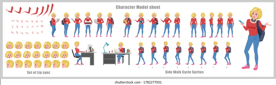 Blond Hair Girl Student Character Design Model Sheet with walk cycle animation. Girl Character design. Front, side, back view and explainer animation poses. Character set with lip sync