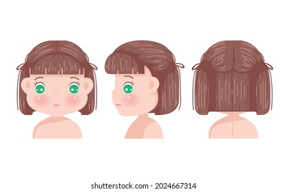 blond hair little little girl. front, side and rear view. head of preschool character. 