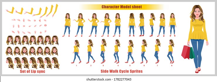 Blond Hair Shopping Girl Character Design Model Sheet With Walk Cycle Animation. Girl Character Design. Front, Side, Back View And Explainer Animation Poses. Character Set With Lip Sync