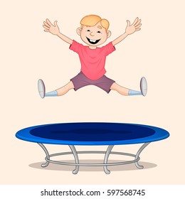 Blond haired boy in red shirt jumping high on blue trampoline and smiling