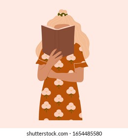 Blond haired girl reading a big Book while standing. Young woman. Beautiful dress with cotton flower print. Read more books concept. Hand drawn Vector trendy illustration. Pastel colors