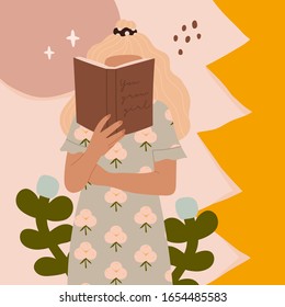 Blond haired girl reading a big Book while standing. Young woman. Beautiful dress. Read more books concept. Hand drawn Vector trendy illustration with Abstract background. Pastel colors