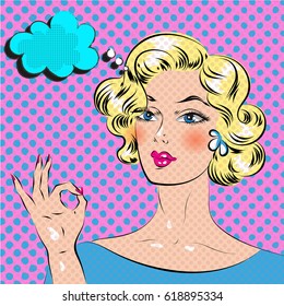 Blond haired pop art comics woman with hand ok vector