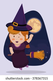 Blond haired witch floating in her magic broom in a night with full moon.