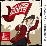Blond haired young man ready to march with a commemorative red flag in Workers