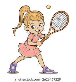 blond happy cute kid girl play tennis