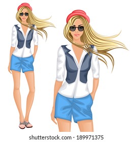 Blond hipster female girl character wearing chemise shorts vest hat sunglasses vector illustration