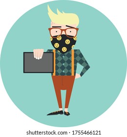Blond hipster man with a protective face mask with smiling emoticons, glasses and suspenders showing a tablet. Green background.