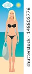 Blond hot girl in black bikini on a beach. Vector illustration.