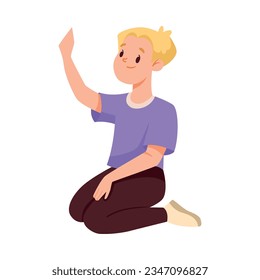 Blond Kid Boy Sitting on the Floor with Raised Hand and Smiling Vector Illustration