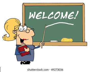 Blond Lady School Teacher Pointing To Welcome On A Chalkboard