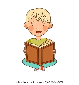 Blond Little Boy in Kindergarden Sitting on the Floor and Reading Book Vector Illustration