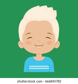 Blond little boy laughing facial expression, cartoon vector illustration isolated on green background. Handsome little boy emoji laughing out load with closed eyes and open mouth. 