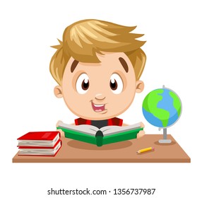 Blond little boy sits at the desk with books, pencil and globe. Back to school, love of reading, early education concept. Schoolboy reads workbook. Cartoon clipart isolated on white background.