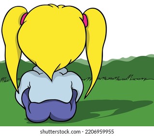 Blond Little Girl With Braids From The Rear View - Colored Cartoon Illustration With Background, Vector