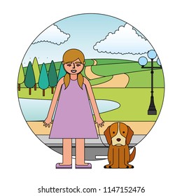 blond little girl with dog in the street park