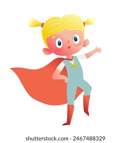 Blond little girl dress up like a super hero, wearing a cape, childhood games character design. Hand drawn vector cartoon of children character, illustration in watercolor style.