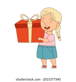 Blond Little Girl Holding Geschenkbox als Holiday Present Vektorgrafik