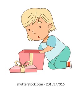 Blond Little Girl Opening Geschenkbox als Holiday Present Vektorgrafik