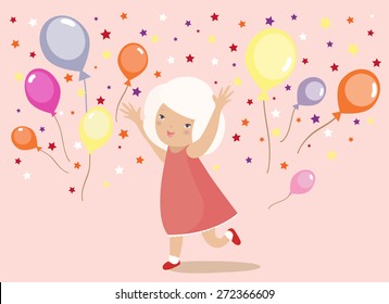 Blond little girl in red dress playing with colorful balloons and confetti