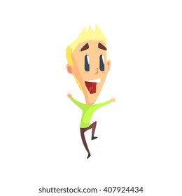 Blond Male Character Rejoicing Primitive Geometric Design Flat Isolated Vector Image