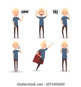Blond man in 6 poses
Greeting, bewilderment, approval, telephone conversation, anger, speed