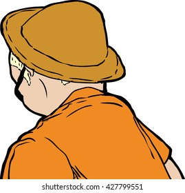 Blond man in brown hat and sunglasses from rear view looking downward