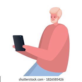 caricatura de hombre rubio con tableta de trabajo diseño de trabajo del tema del hogar Vector ilustración