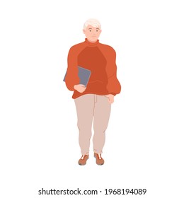 Blond Man Character with Corpulent Body in Standing Pose Full Length Vector Illustration