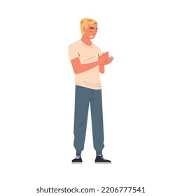 Blond Man Character Standing Ovation Clapping His Hands as Applause and Acclaim Gesture Vector Illustration