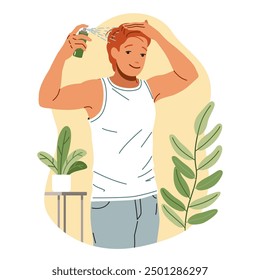 Blond man cleaning facial skin with lotion in bathroom flat color vector illustration. Young male wiping face with cotton disk concept icon on white