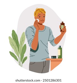 Hombre rubio limpiando la piel facial con loción en Ilustración vectorial plana color baño. Cara de limpieza masculina joven con icono de concepto de disco de algodón en blanco