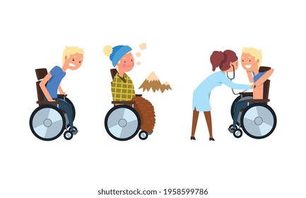 Blond Man with Disability in Wheelchair Breathing Fresh Air and Getting Medical Care Vector Set