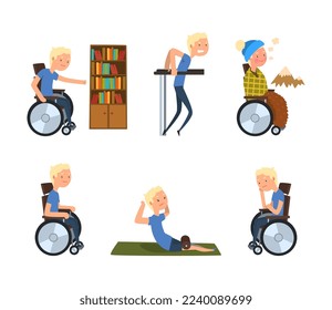 Blond Man with Disability in Wheelchair Engaged in Different Activity Vector Set