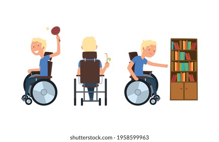 Blond Man with Disability in Wheelchair Playing Table Tennis and Drinking Cocktail Vector Set