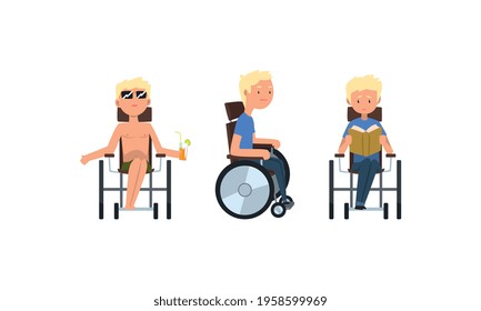Blond Man with Disability in Wheelchair Reading Book and Sunbathing Drinking Cocktail Vector Set