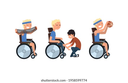 Blond Man with Disability in Wheelchair Strengthen Muscle Doing Physical Exercise Vector Set