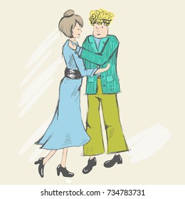 A blond man gently hugs a lady in a long dress. Persons look into eyes each other with love. A young couple of people says goodbye or greet each other. Sketch style. Vector illustration