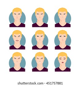 Blond man illustration set. Yellow haired young male, boy in cartoon style with different facial expressions and emotions