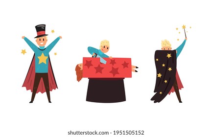 Blond Man Magician Showing Tricks and Focuses for Entertainment Vector Set