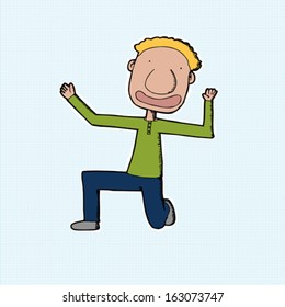 Blond man on knee singing over dot background