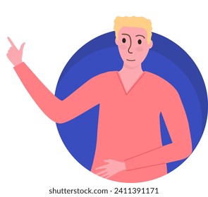 Blond man pointing up, standing with a confident pose, simple background. Presentation gesture, young speaker or teacher vector illustration.