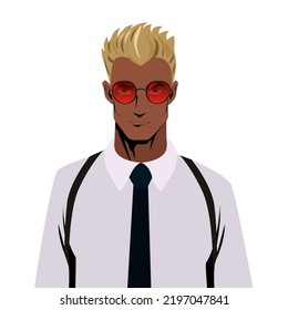 Blond man portrait, white shirt, red sunglasses, security guard. detective. Vector illustration